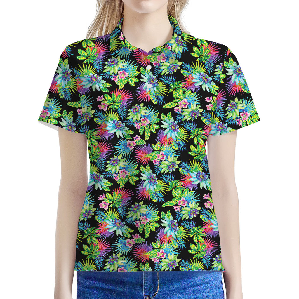 Psychedelic Hawaiian Flower Print Women's Polo Shirt