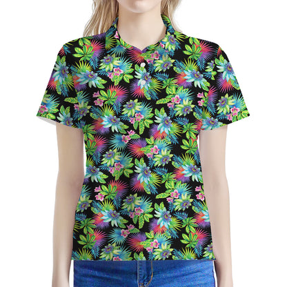 Psychedelic Hawaiian Flower Print Women's Polo Shirt