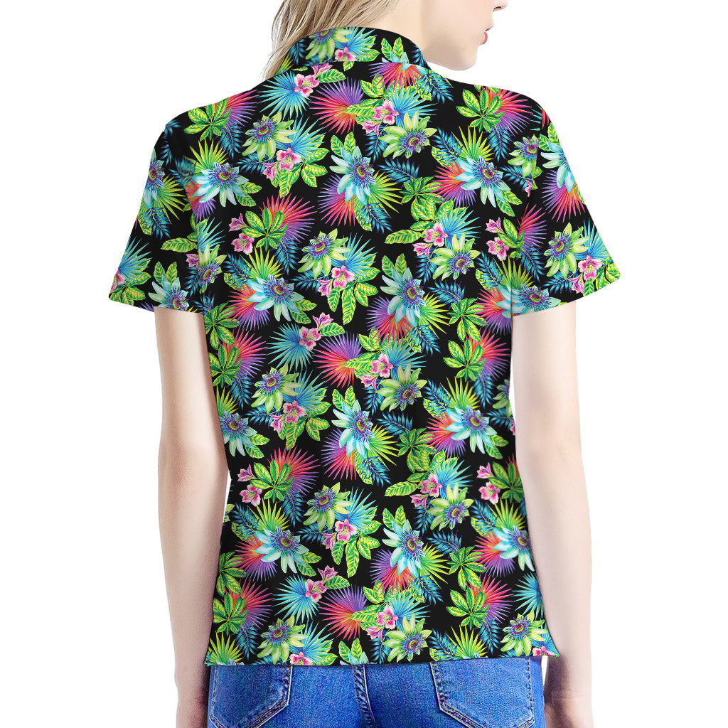 Psychedelic Hawaiian Flower Print Women's Polo Shirt