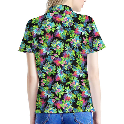 Psychedelic Hawaiian Flower Print Women's Polo Shirt