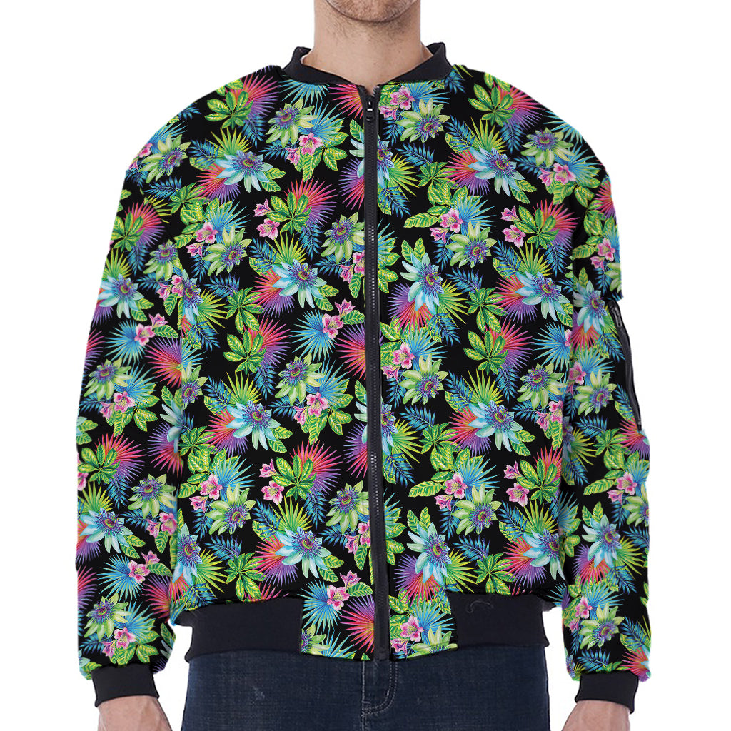 Psychedelic Hawaiian Flower Print Zip Sleeve Bomber Jacket