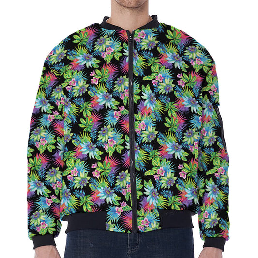 Psychedelic Hawaiian Flower Print Zip Sleeve Bomber Jacket