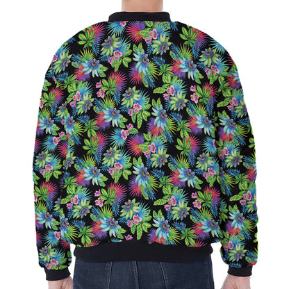 Psychedelic Hawaiian Flower Print Zip Sleeve Bomber Jacket
