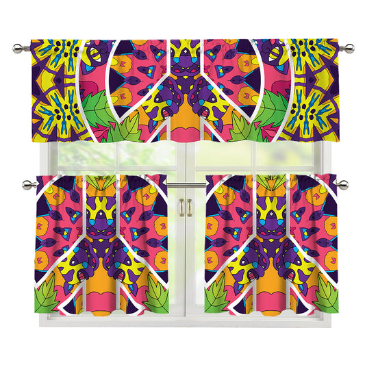 Psychedelic Hippie Peace Sign Print 3 Piece Kitchen Curtains