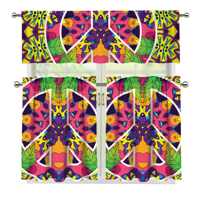 Psychedelic Hippie Peace Sign Print 3 Piece Kitchen Curtains