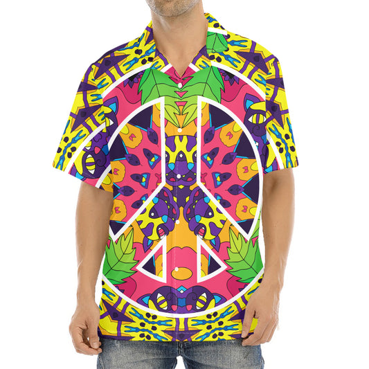 Psychedelic Hippie Peace Sign Print Aloha Shirt