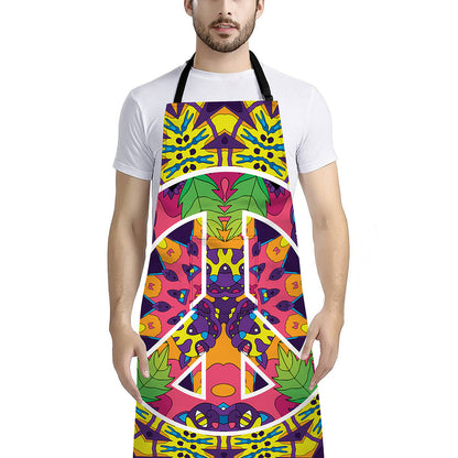 Psychedelic Hippie Peace Sign Print Bib Apron With Pocket