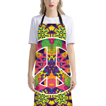 Psychedelic Hippie Peace Sign Print Bib Apron With Pocket