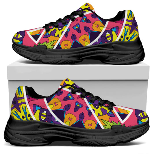 Psychedelic Hippie Peace Sign Print Black Chunky Shoes