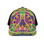 Psychedelic Hippie Peace Sign Print Black Mesh Trucker Cap