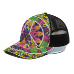 Psychedelic Hippie Peace Sign Print Black Mesh Trucker Cap