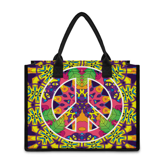Psychedelic Hippie Peace Sign Print Canvas Tote Bag