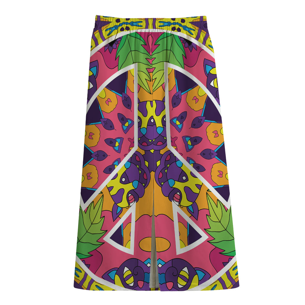 Psychedelic Hippie Peace Sign Print Cotton Front Slit Maxi Skirt