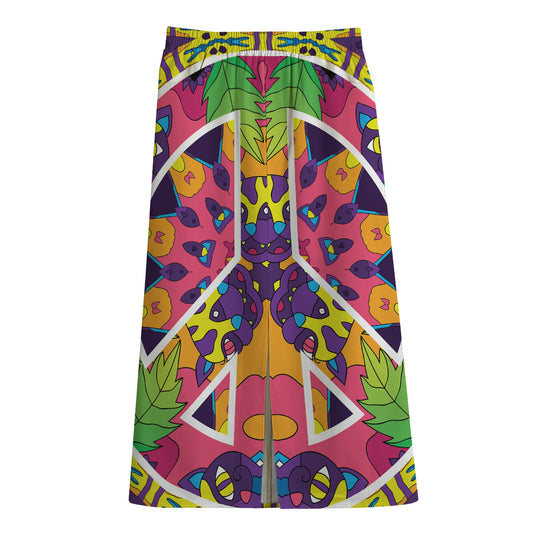Psychedelic Hippie Peace Sign Print Cotton Front Slit Maxi Skirt