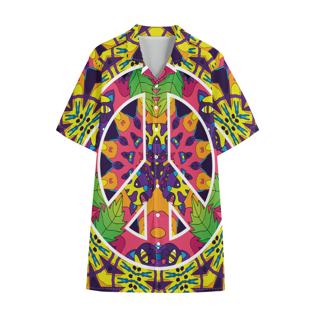 Psychedelic Hippie Peace Sign Print Cotton Hawaiian Shirt