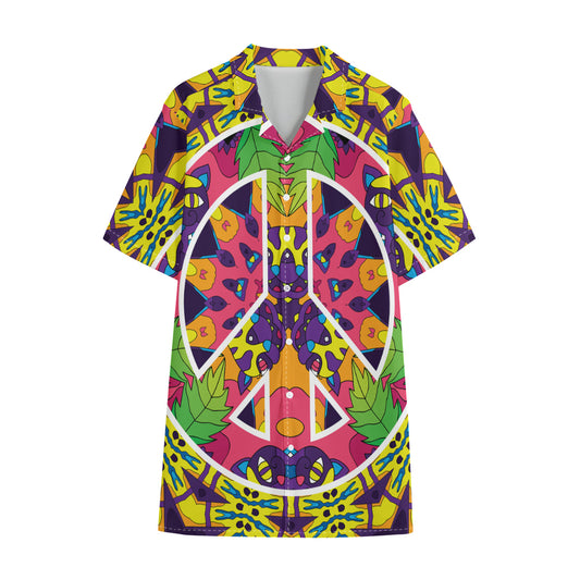 Psychedelic Hippie Peace Sign Print Cotton Hawaiian Shirt