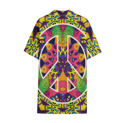 Psychedelic Hippie Peace Sign Print Cotton Hawaiian Shirt