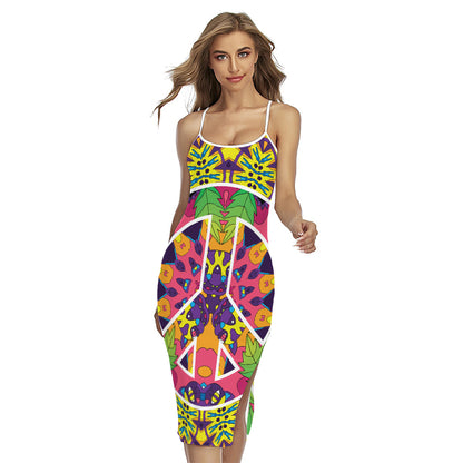 Psychedelic Hippie Peace Sign Print Cross Back Cami Dress