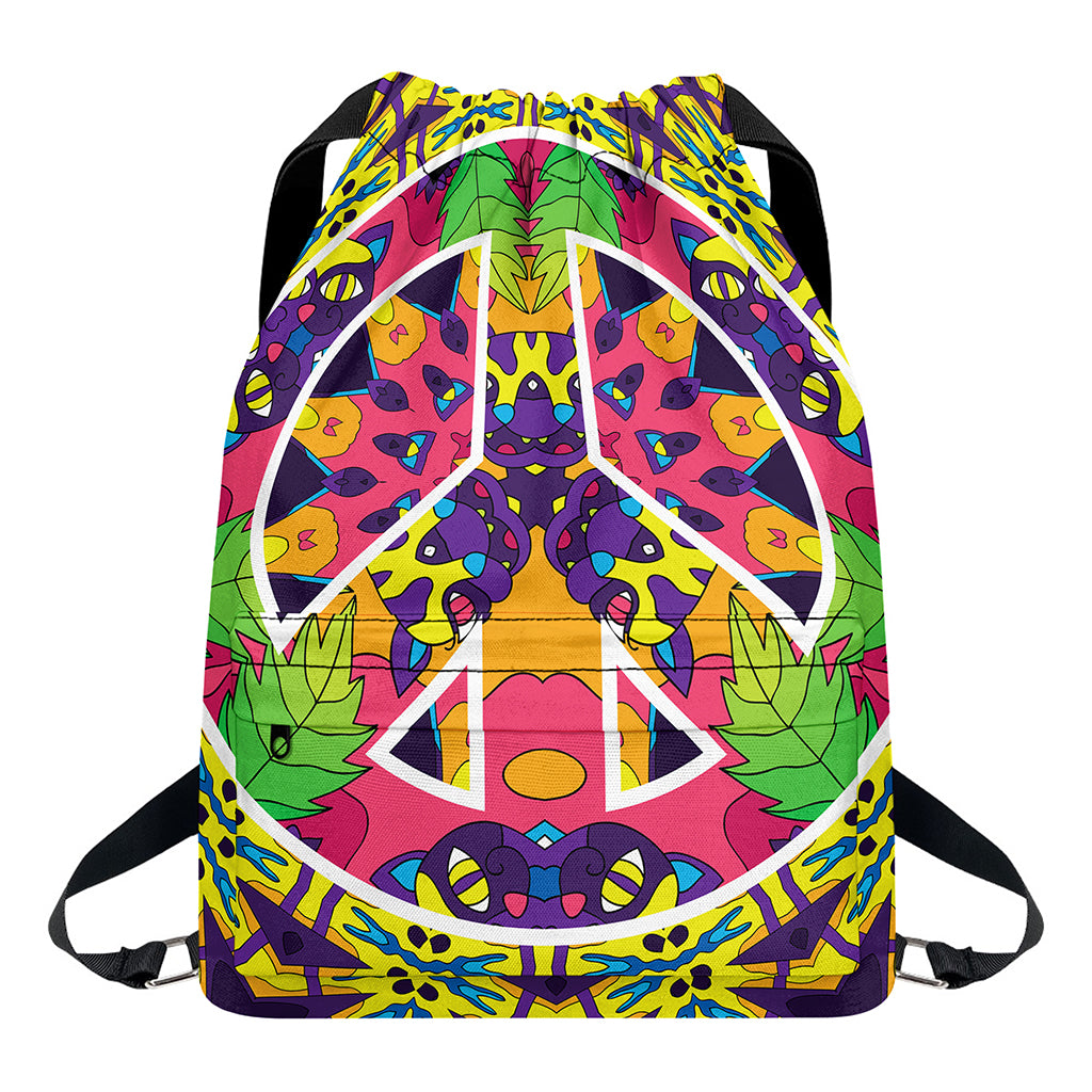 Psychedelic Hippie Peace Sign Print Drawstring Backpack