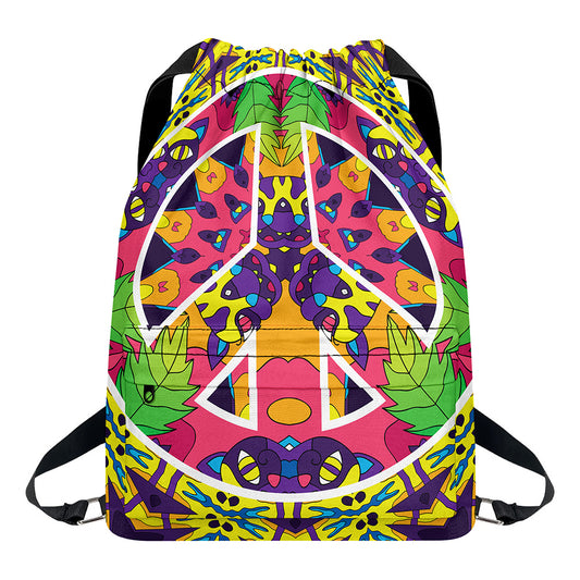 Psychedelic Hippie Peace Sign Print Drawstring Backpack