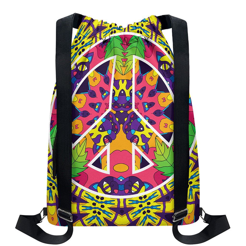 Psychedelic Hippie Peace Sign Print Drawstring Backpack