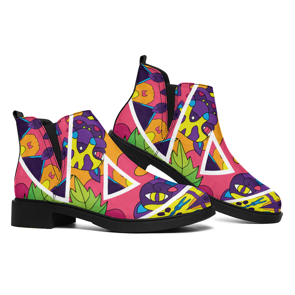 Psychedelic Hippie Peace Sign Print Flat Ankle Boots