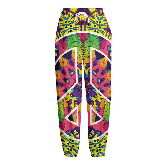 Psychedelic Hippie Peace Sign Print Fleece Lined Knit Pants