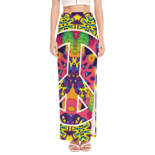 Psychedelic Hippie Peace Sign Print High Slit Maxi Skirt