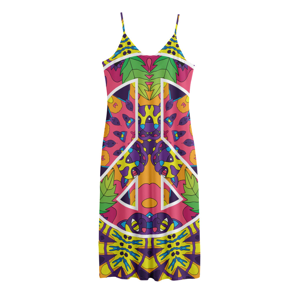 Psychedelic Hippie Peace Sign Print Jersey Midi Cami Dress