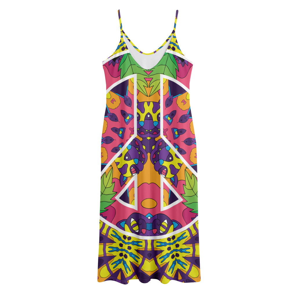 Psychedelic Hippie Peace Sign Print Jersey Midi Cami Dress