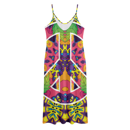 Psychedelic Hippie Peace Sign Print Jersey Midi Cami Dress