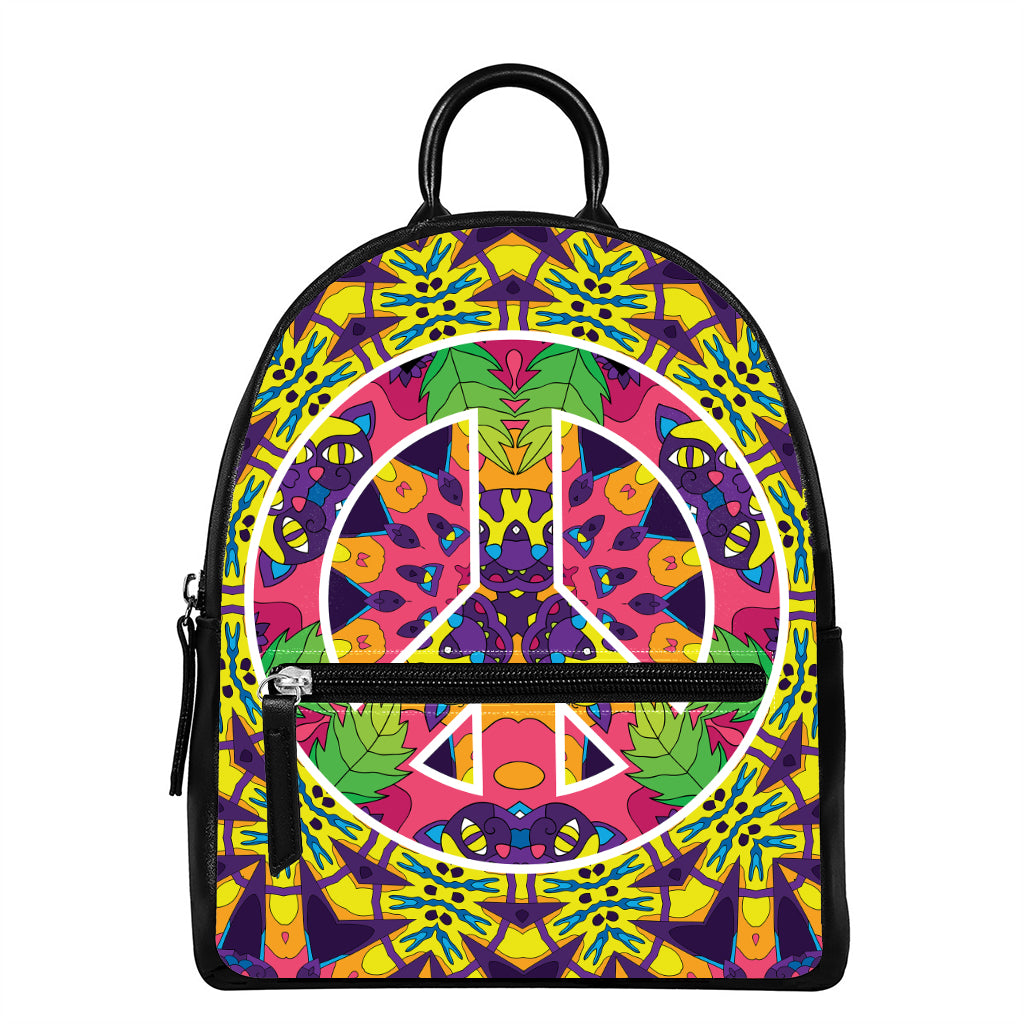 Psychedelic Hippie Peace Sign Print Leather Backpack