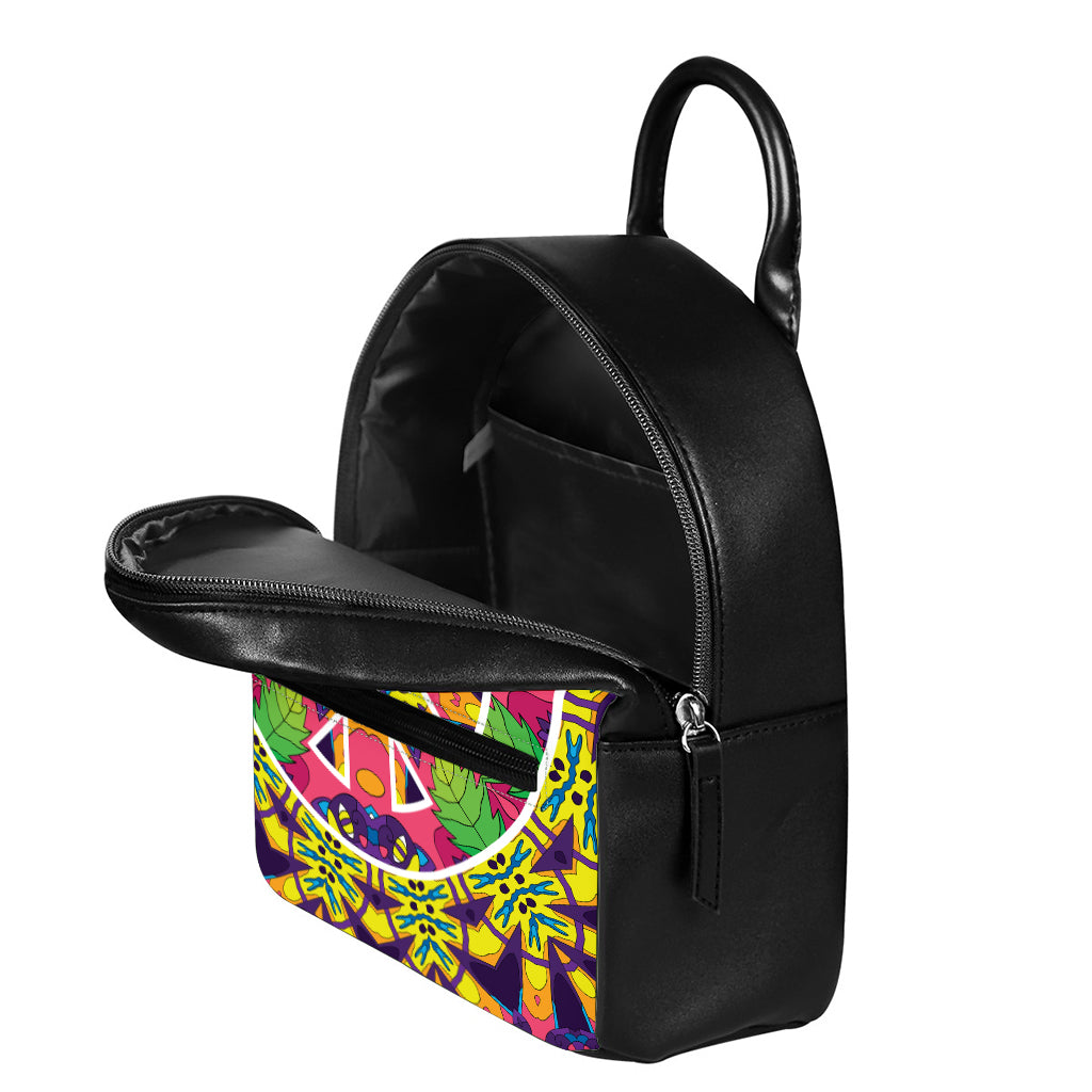 Psychedelic Hippie Peace Sign Print Leather Backpack