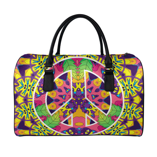 Psychedelic Hippie Peace Sign Print Leather Duffle Bag
