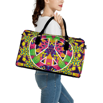 Psychedelic Hippie Peace Sign Print Leather Duffle Bag