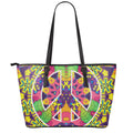 Psychedelic Hippie Peace Sign Print Leather Tote Bag With Zipper