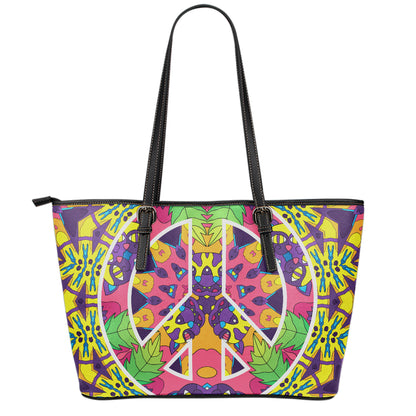 Psychedelic Hippie Peace Sign Print Leather Tote Bag