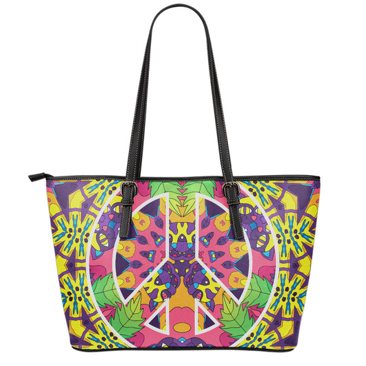 Psychedelic Hippie Peace Sign Print Leather Tote Bag