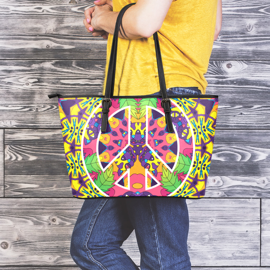 Psychedelic Hippie Peace Sign Print Leather Tote Bag