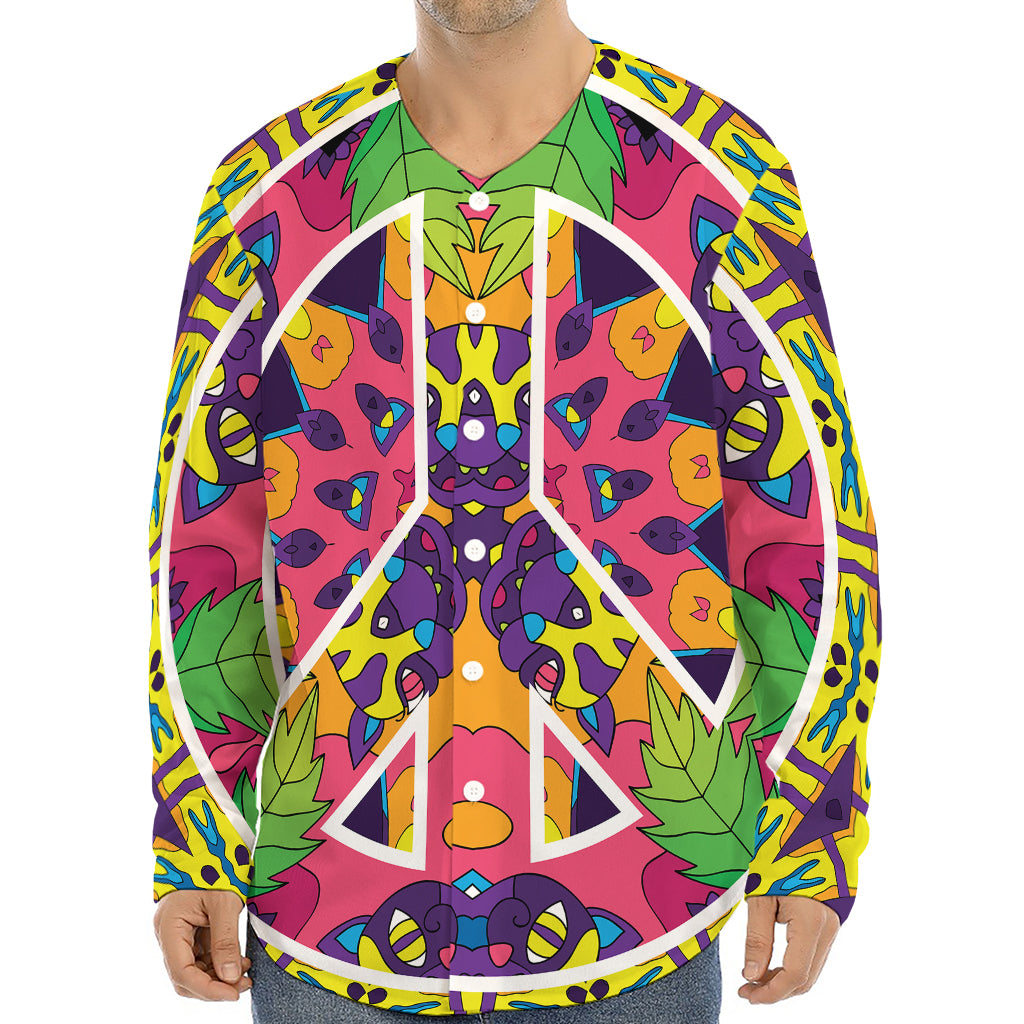 Psychedelic Hippie Peace Sign Print Long Sleeve Baseball Jersey