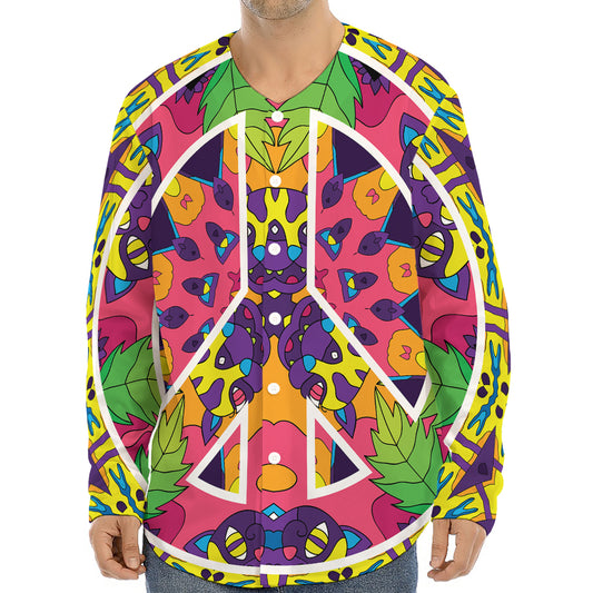 Psychedelic Hippie Peace Sign Print Long Sleeve Baseball Jersey