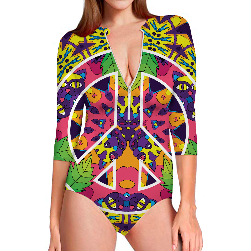 Psychedelic Hippie Peace Sign Print Long Sleeve Swimsuit