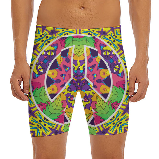 Psychedelic Hippie Peace Sign Print Men's Long Boxer Briefs