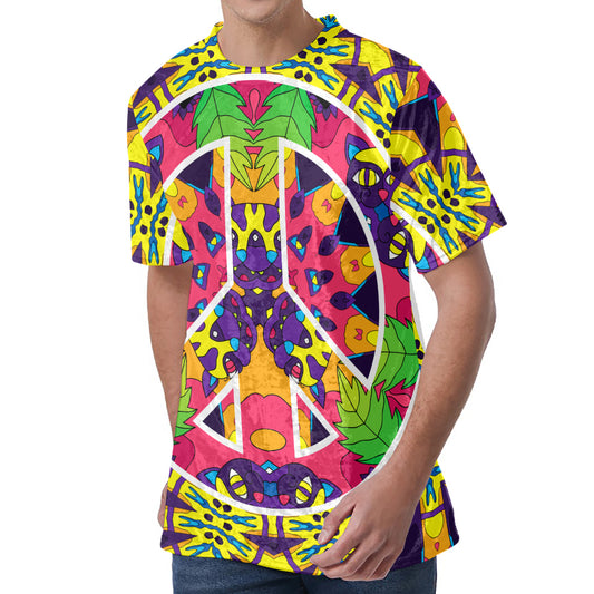 Psychedelic Hippie Peace Sign Print Men's Velvet T-Shirt