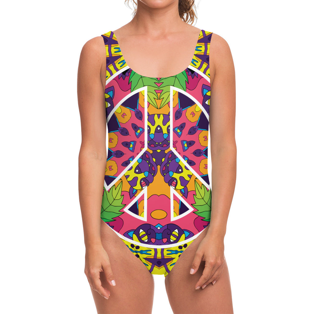 Psychedelic Hippie Peace Sign Print One Piece Swimsuit
