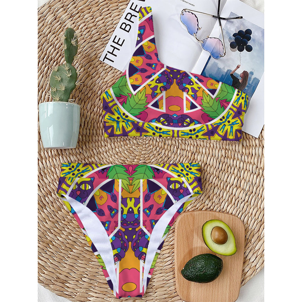 Psychedelic Hippie Peace Sign Print One Shoulder Bikini Top