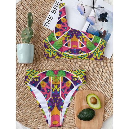 Psychedelic Hippie Peace Sign Print One Shoulder Bikini Top
