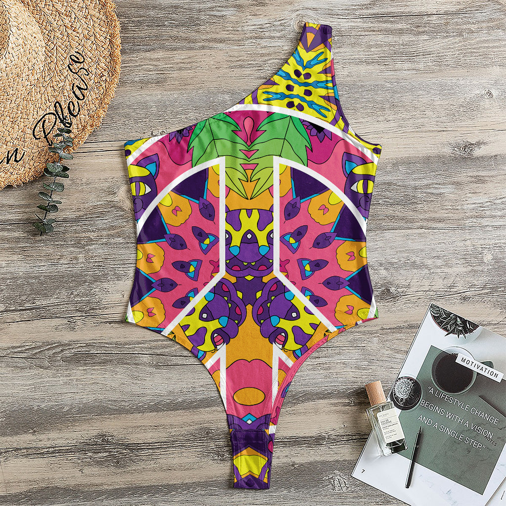 Psychedelic Hippie Peace Sign Print One Shoulder Bodysuit