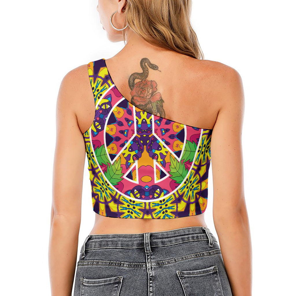 Psychedelic Hippie Peace Sign Print One Shoulder Crop Top