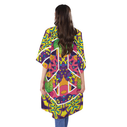 Psychedelic Hippie Peace Sign Print Open Front Beach Cover Up